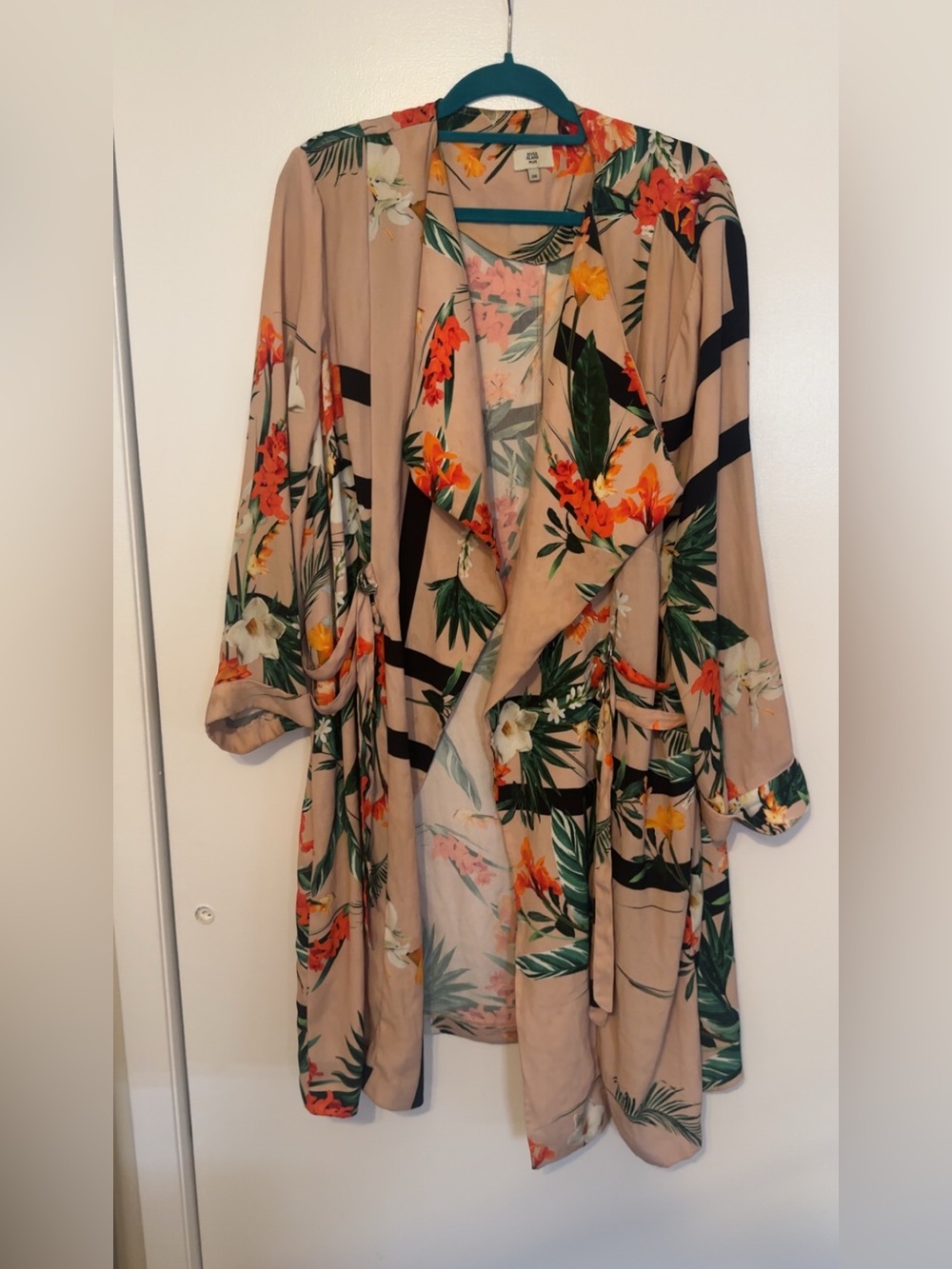 Plus Size River Island Beige Floral Kimono Jacket with Green & Orange Accents